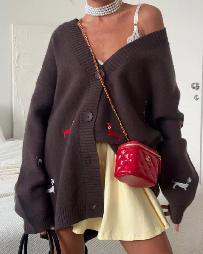 Embroidered Button Up Cardigan Brown