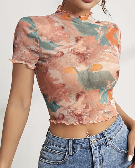 Abstract Print Ruffled Mock Neck Crop T-Shirt