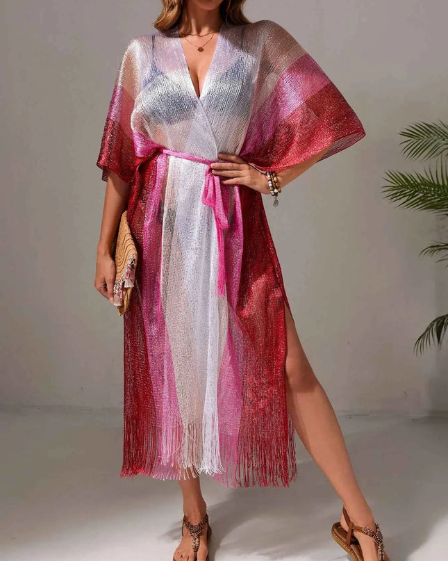 Gradient Fringe Kimono Cover-Up
