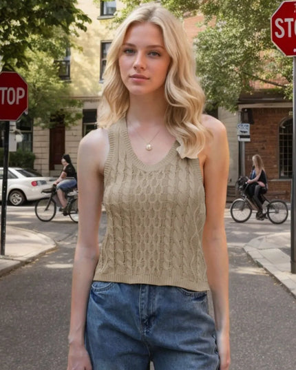Cable-Knit V-Neck Knit Tank Khaki