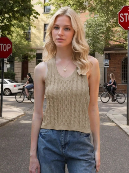 Cable-Knit V-Neck Knit Tank Khaki