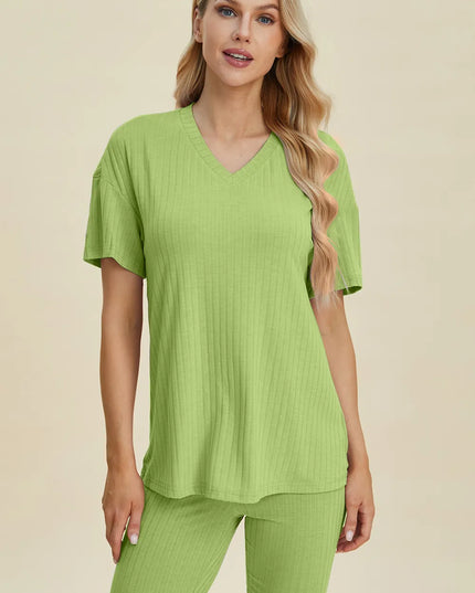 Basic Bae Full Size Ribbed V-Neck Short Sleeve Top and Shorts Set Yellow-Green