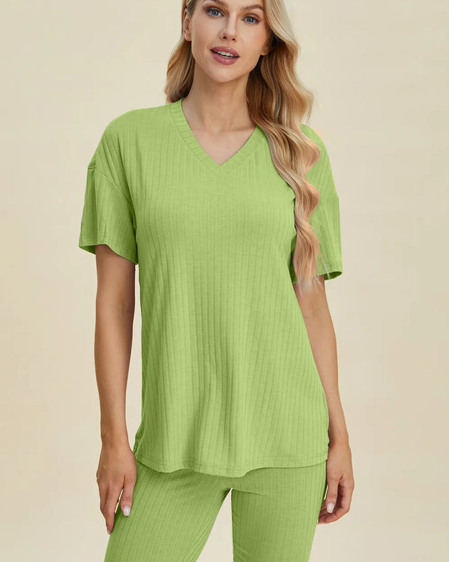 Basic Bae Full Size Ribbed V-Neck Short Sleeve Top and Shorts Set Yellow-Green