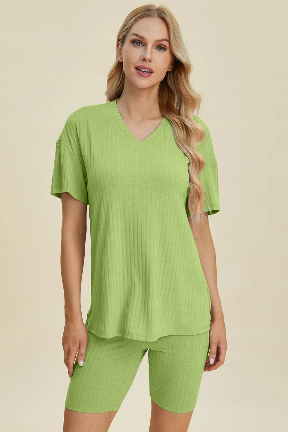 Basic Bae Full Size Ribbed V-Neck Short Sleeve Top and Shorts Set Yellow-Green