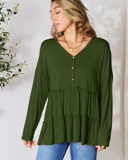 Double Take Half Button Long Sleeve Ruffle Hem Blouse