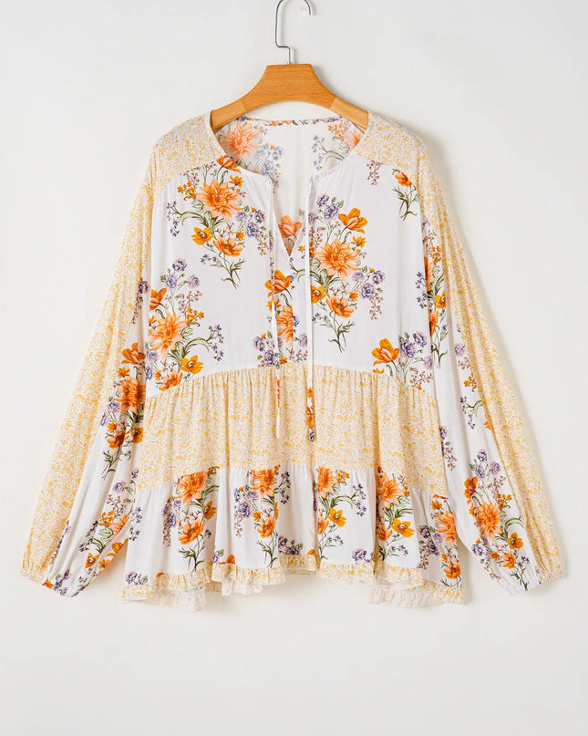 Plus Size Printed Tie Neck Long Sleeve Blouse