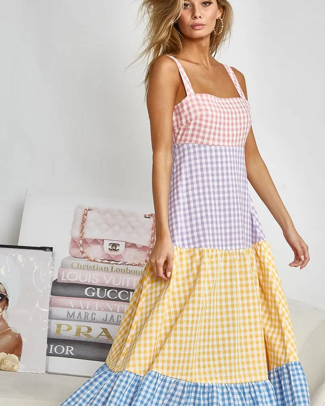 BiBi Color Block Tiered Gingham Dress