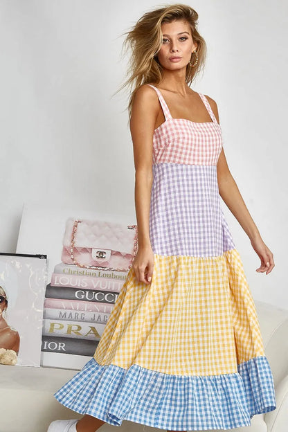 BiBi Color Block Tiered Gingham Dress