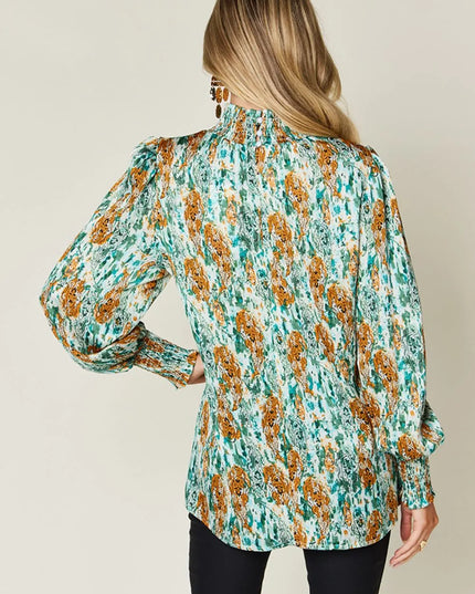 Double Take Full Size Printed Smocked Long Sleeve Blouse