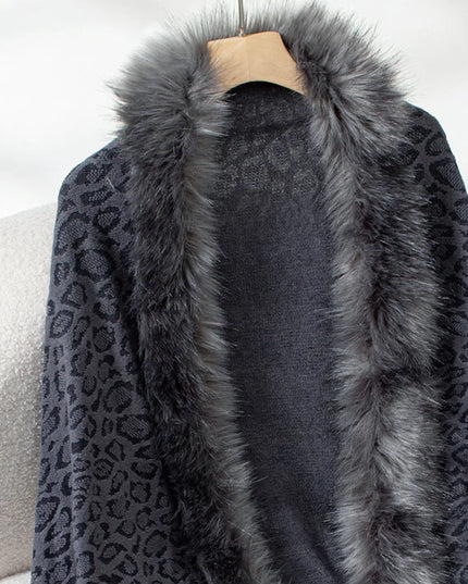 Fringe Leopard Open Front Long Sleeve Poncho