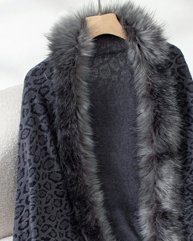 Fringe Leopard Open Front Long Sleeve Poncho