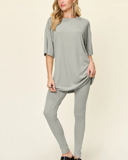 Double Take Full Size Round Neck Dropped Shoulder T-Shirt and Leggings Set Light Gray