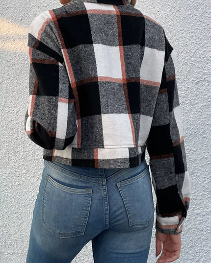 Plaid Button-Down Crop Jacket