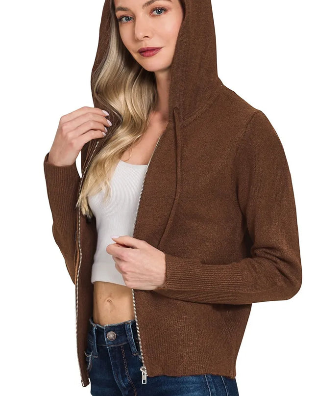 Zenana Drawstring Zip Up Hooded Cardigan