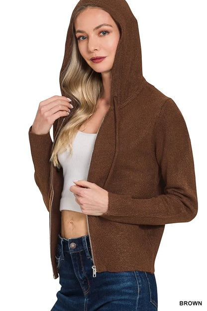Zenana Drawstring Zip Up Hooded Cardigan