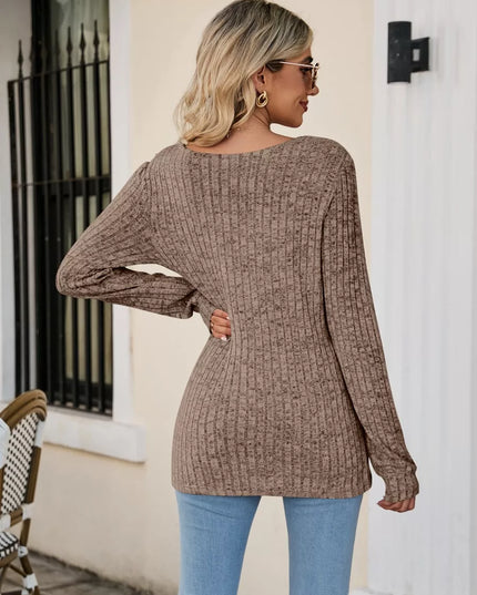 Ribbed Square Neck Long Sleeve T-Shirt