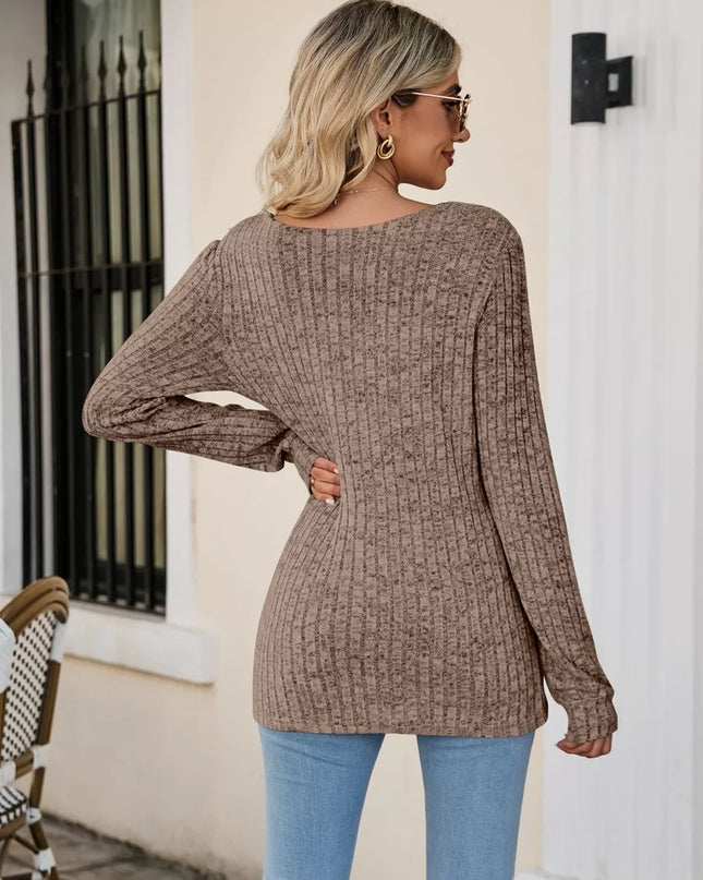 Ribbed Square Neck Long Sleeve T-Shirt