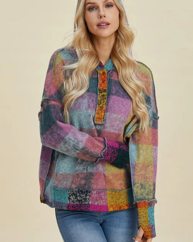 Double Take Full Size Plaid Dropped Shoulder Fleece Hoodie