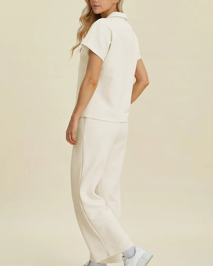 Double Take Full Size Collared Neck Short Sleeve Top and Pants Set