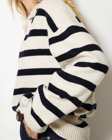 Striped Johnny Collar Long Sleeve Sweater