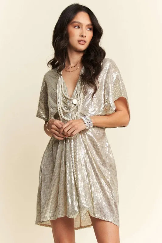 Davi & Dani Sequin Plunge Neck Knot Cut Out Tie Back Party Dress