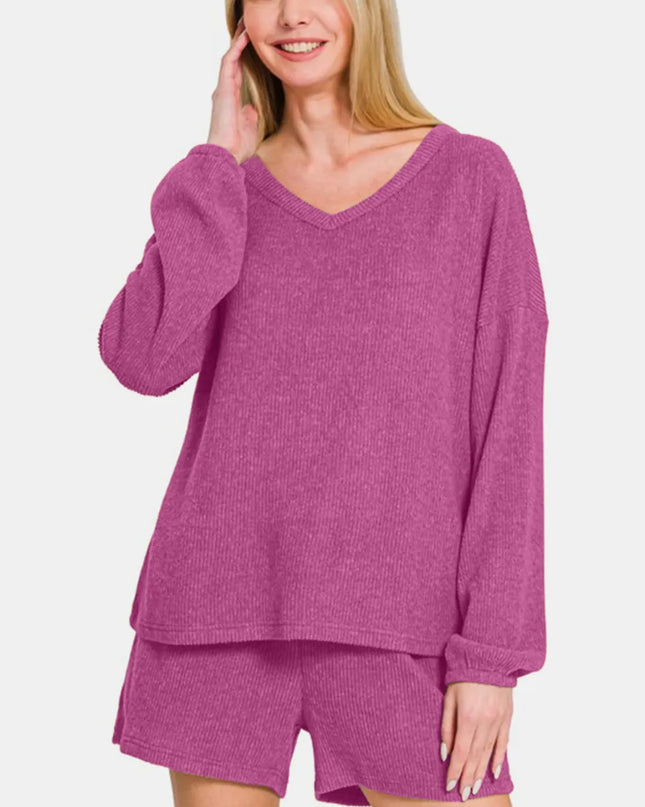 Zenana V-Neck Long Sleeve Ribbed Top and Shorts Set