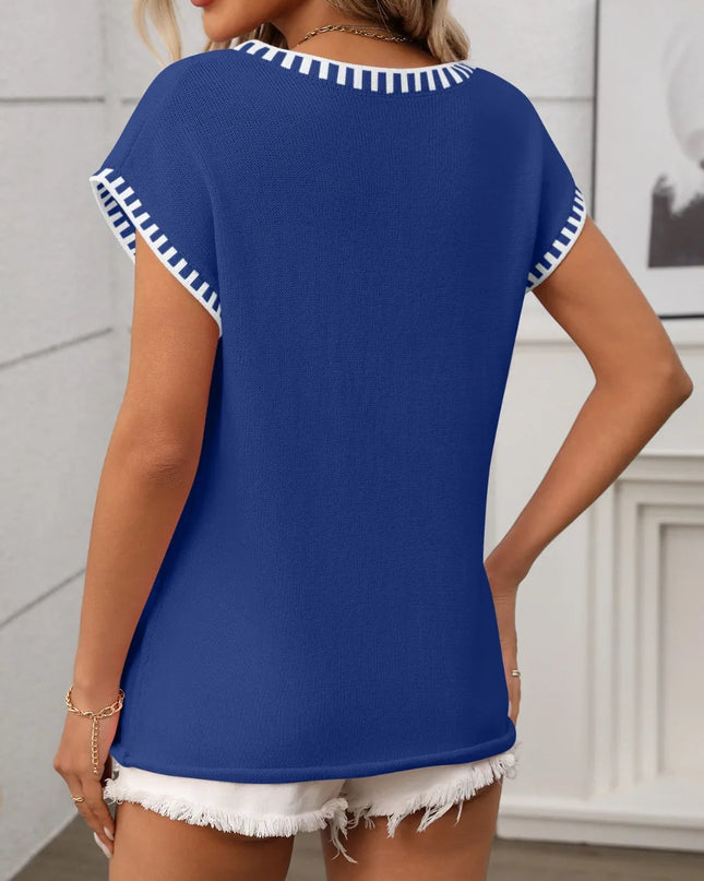 Contrast Trim V-Neck Short Sleeve Knit Top