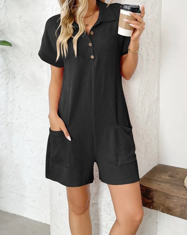 Button Detail Collared Neck Short Sleeve Romper Black