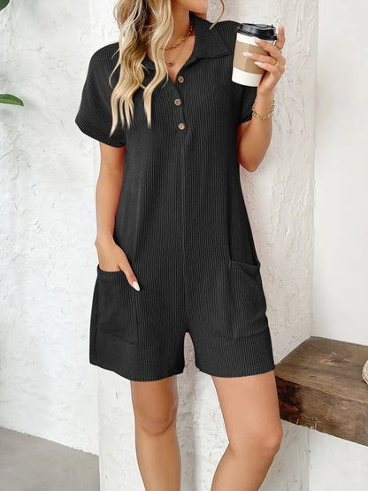 Button Detail Collared Neck Short Sleeve Romper Black