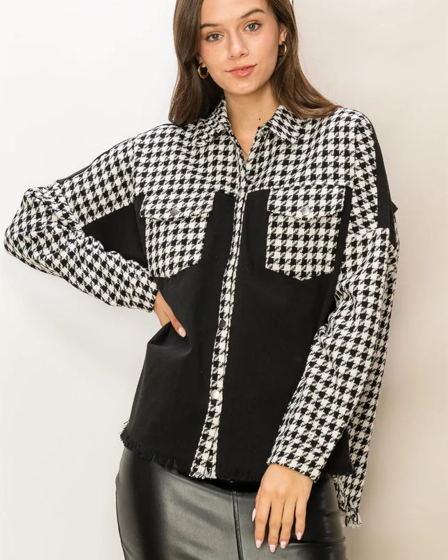 HYFVE Houndstooth Contrast Raw Hem Jacket Black