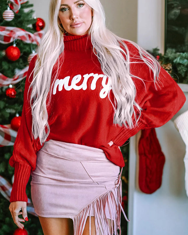 Double Take Full Size Merry Christmas Turtleneck Long Sleeve Sweater