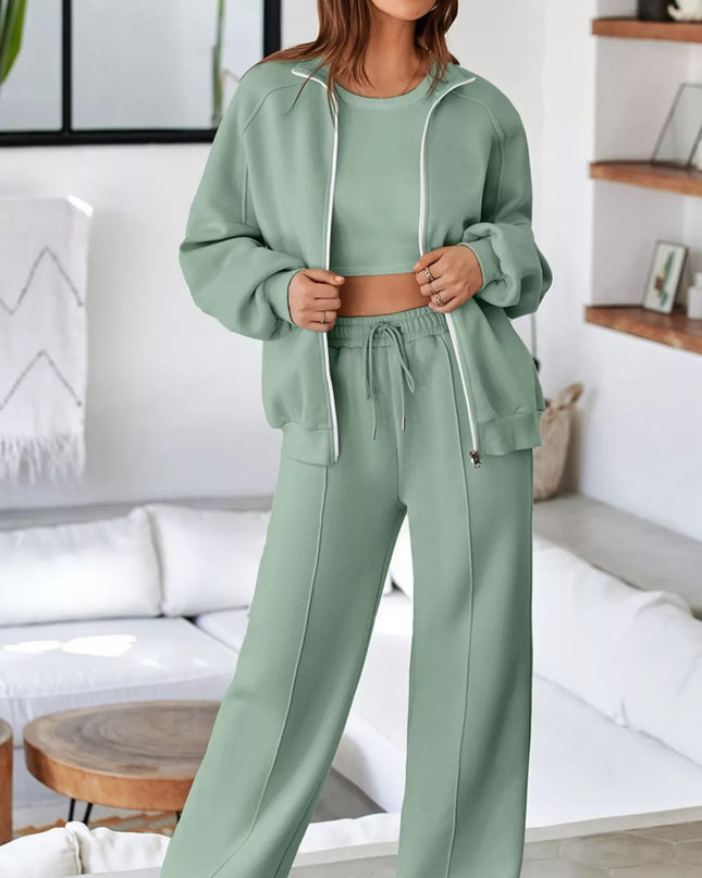 Drop Shoulder Zip Up Jacket and Drawstring Pants Active 2pcs Set Sage