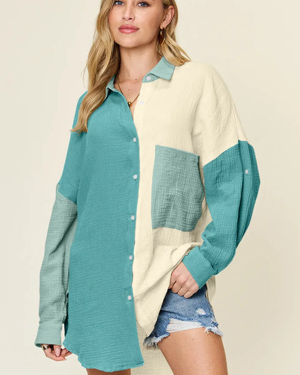 Double Take Full Size Pocketed Texture Button Up Shirt Teal