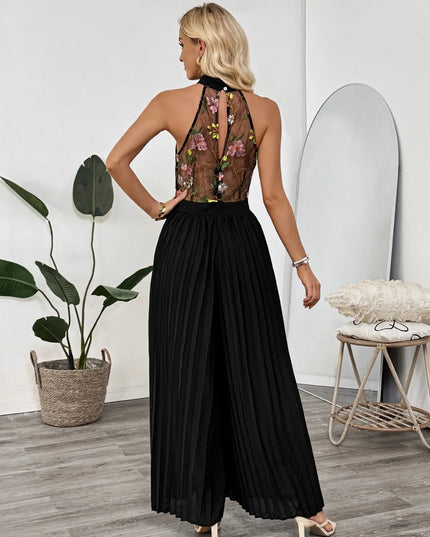 Floral Embroidered Halter Neck Pleated Jumpsuit