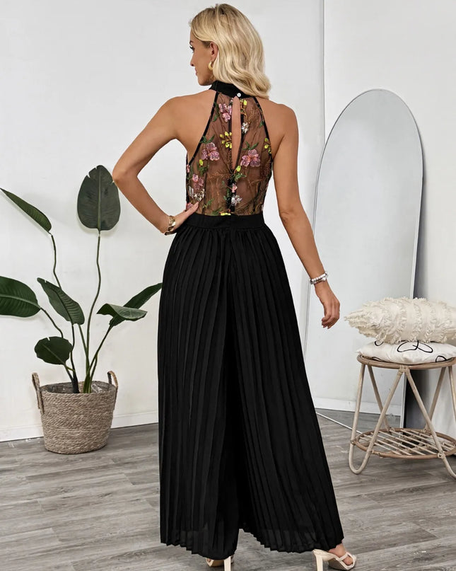 Floral Embroidered Halter Neck Pleated Jumpsuit