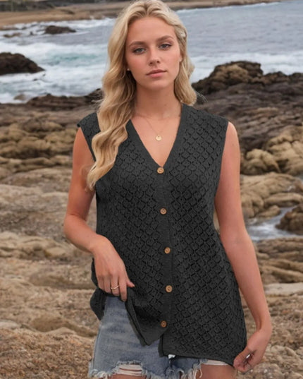 Button Down Eyelet V-Neck Sweater Vest