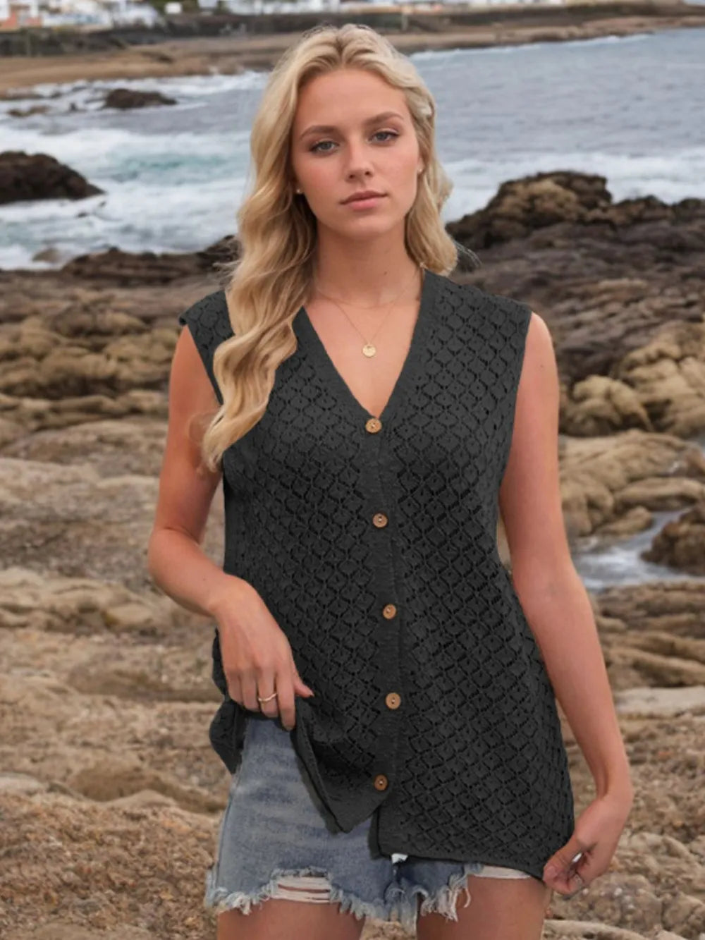 Button Down Eyelet V-Neck Sweater Vest