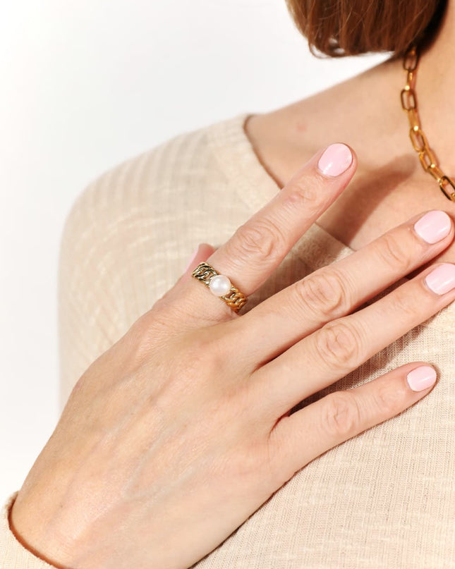 Adored Pearl Stainless Steel Open Ring Gold One Size