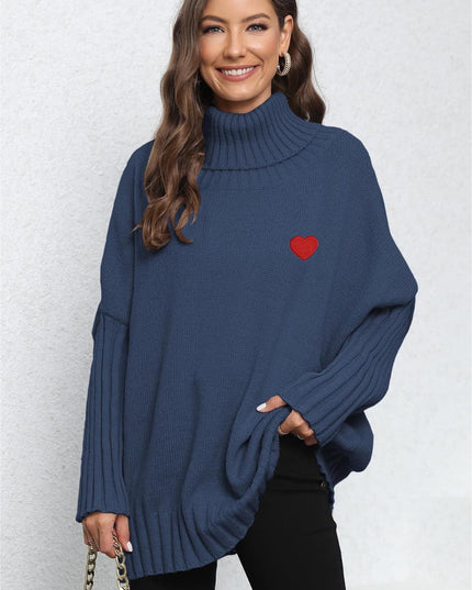 Turtle Neck Long Sleeve Ribbed Sweater Dark Blue One Size