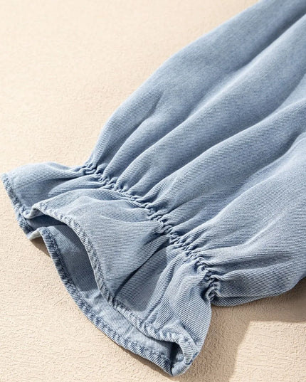 Ruffle Short Puff Sleeve Button Down Denim Shirt 