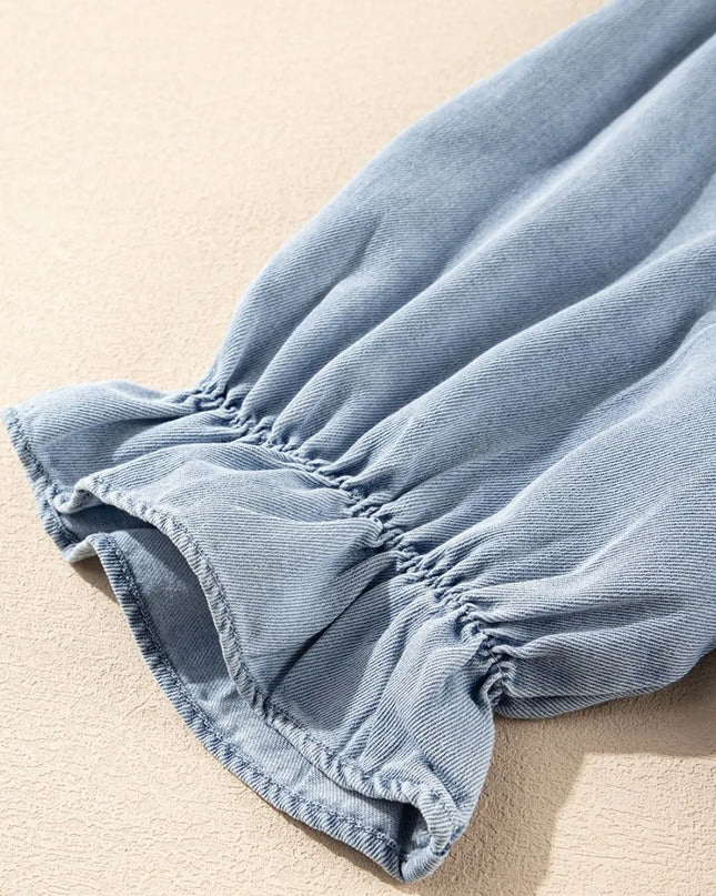 Ruffle Short Puff Sleeve Button Down Denim Shirt 