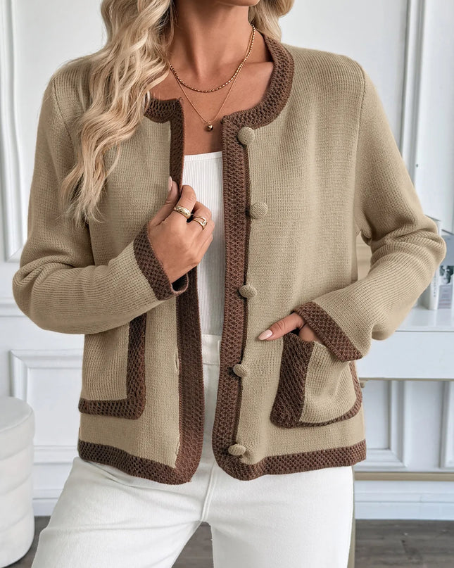 Button-Front Cardigan with Contrast Trim