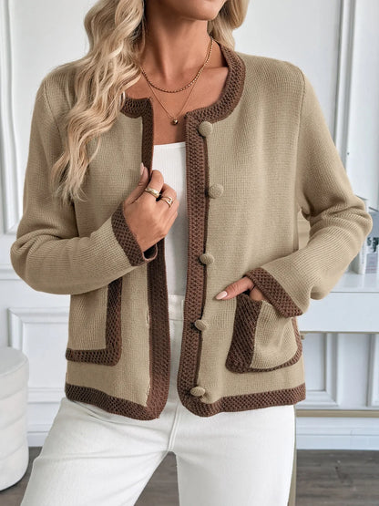 Button-Front Cardigan with Contrast Trim