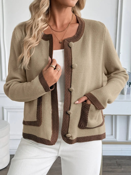 Button-Front Cardigan with Contrast Trim