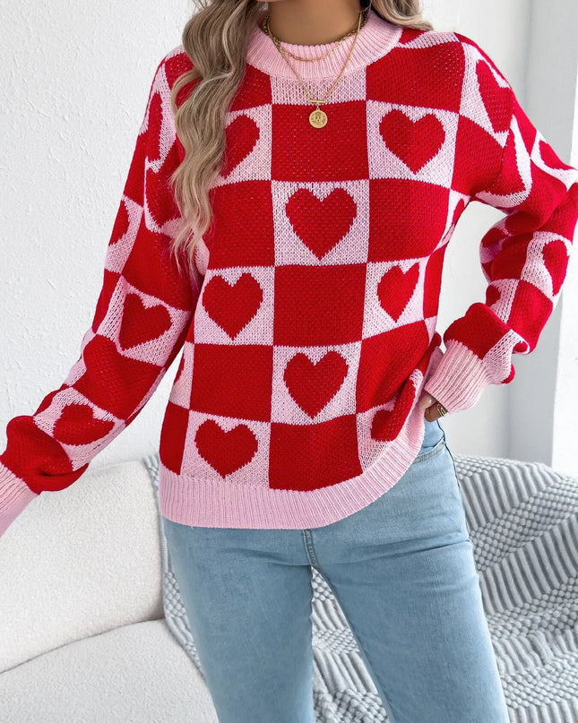 Heart Checkerboard Pattern Round Neck Sweater Red