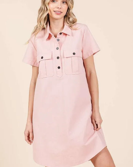 Mittoshop Button Detail Collared Neck Short Sleeve Shirt Dress