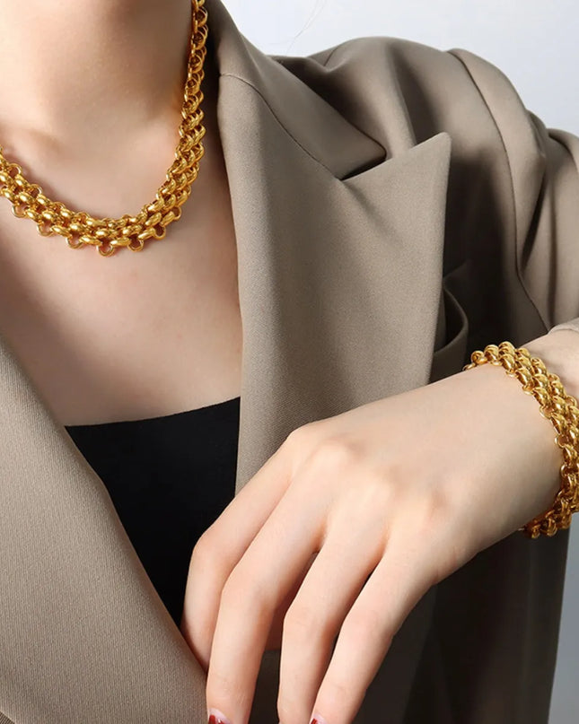 Gold Chain Link Jewelry Set with Necklace and Bracelet 