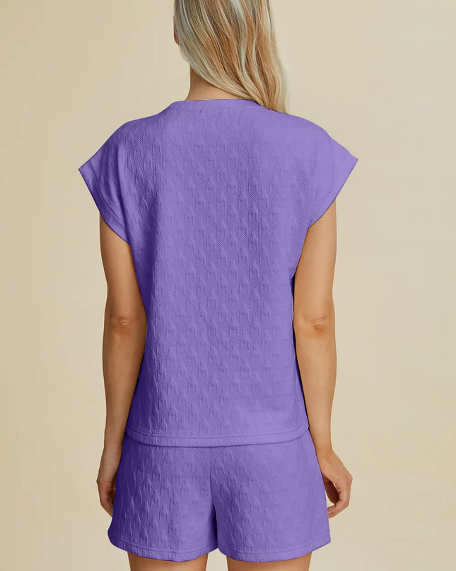 Double Take Full Size Pocketed Texture Round Neck Top and Shorts Set