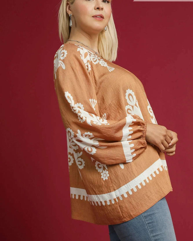 Umgee Full Size Two Tone Border Print Top with Balloon Sleeves Plus Size