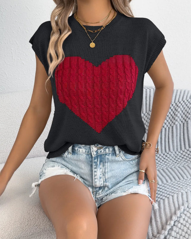 Cable Knit Heart Round Neck Cap Sleeve Knit Top Black